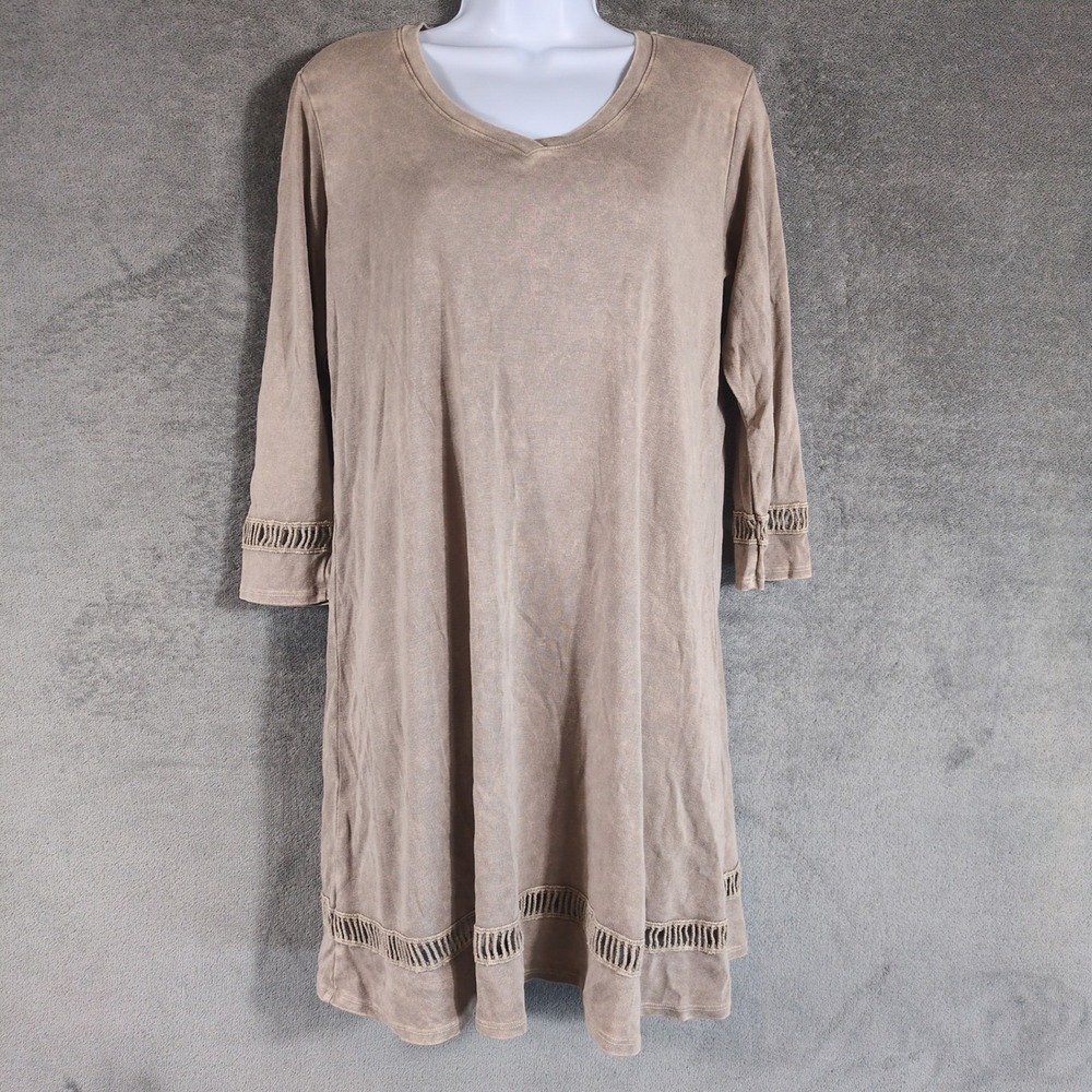 M. Rena Womens Taupe Mineral Wash Ladder Crochet‎ Trim Tunic Dress Medium USA